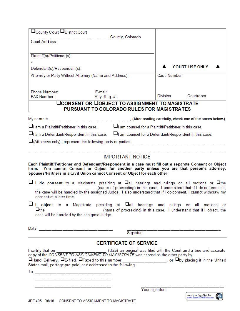 Consent To Assignment To Magistrate {JDF 405} | Pdf Fpdf Docx | Colorado