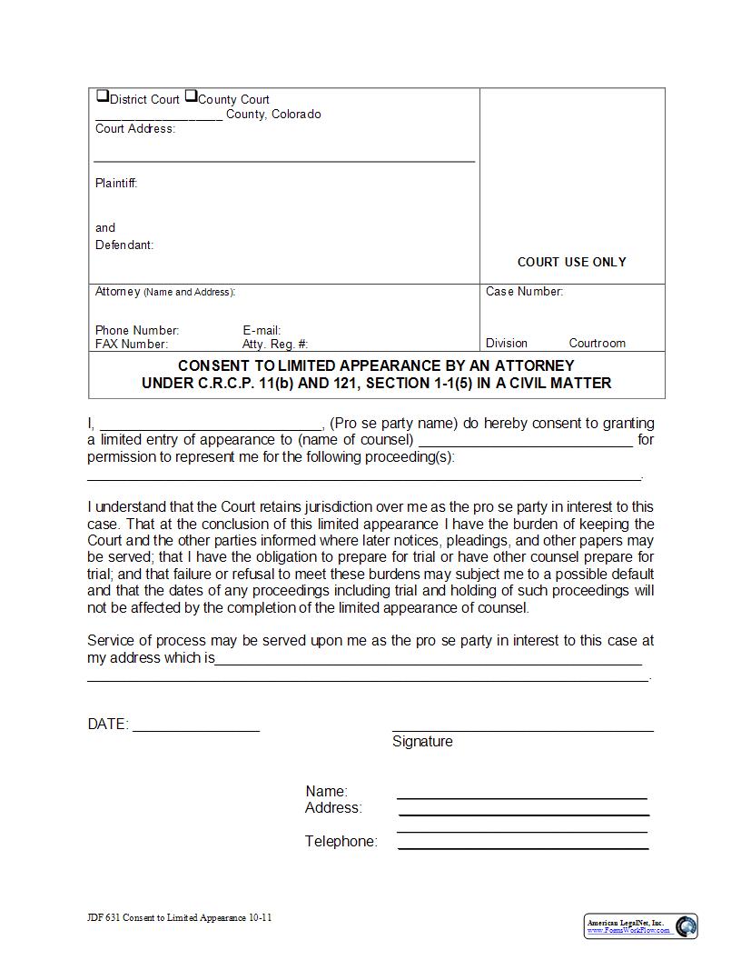Consent To Limited Appearance {JDF 631} | Pdf Fpdf Docx | Colorado