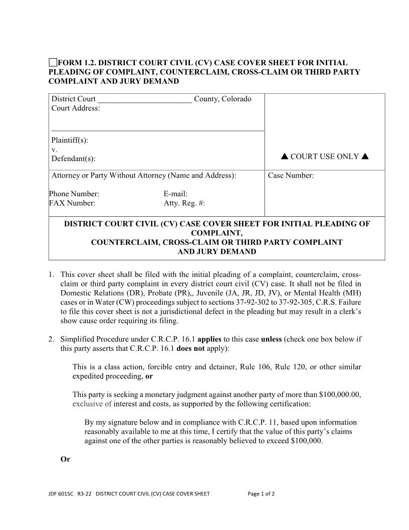 District Court Civil Case Cover Sheet {JDF 601SC} | Pdf Fpdf Docx | Colorado