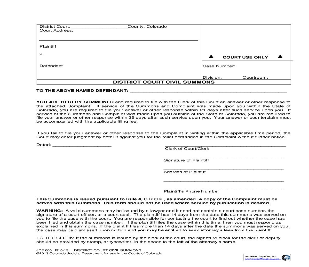 District Court Civil Summons {JDF 600} | Pdf Fpdf Doc Docx | Colorado