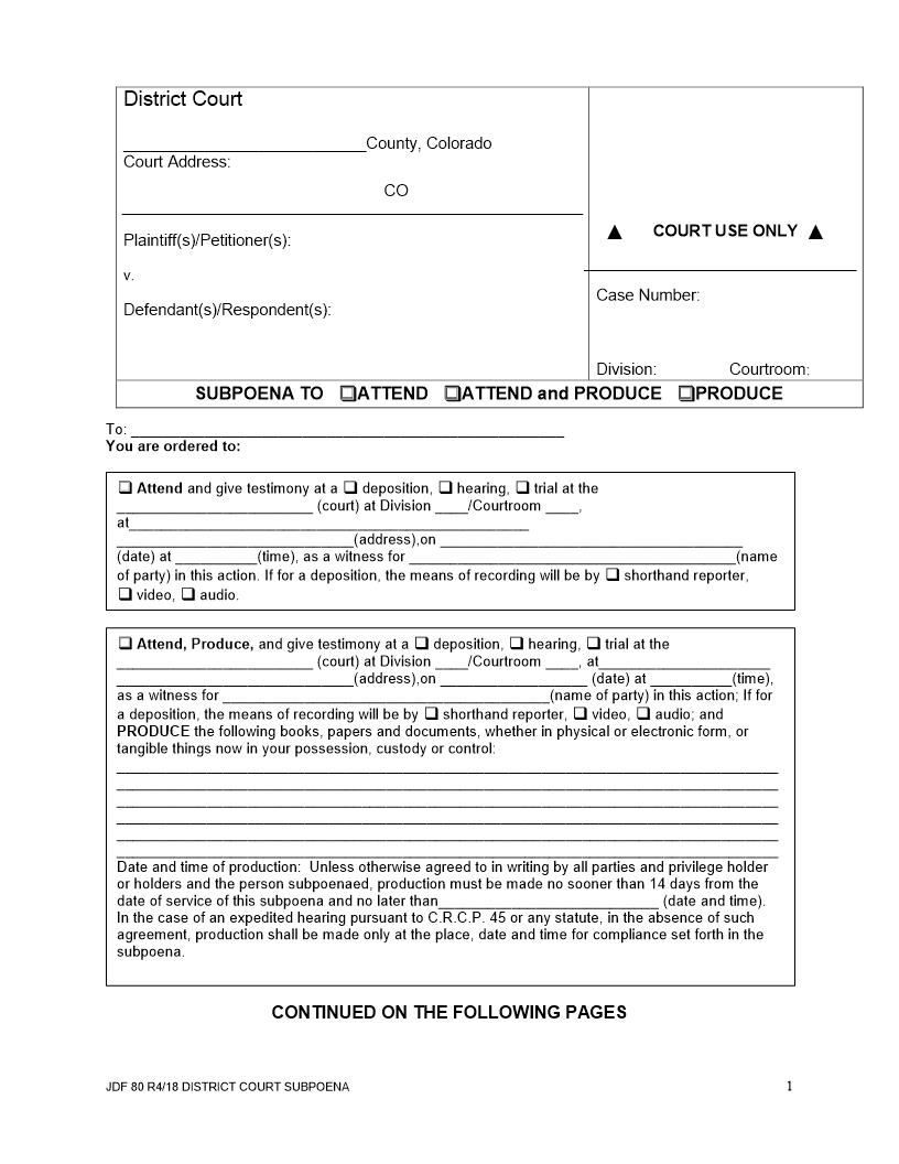 District Court Subpoena To Attend Or Produce {JDF 80S} | Pdf Fpdf Doc Docx | Colorado