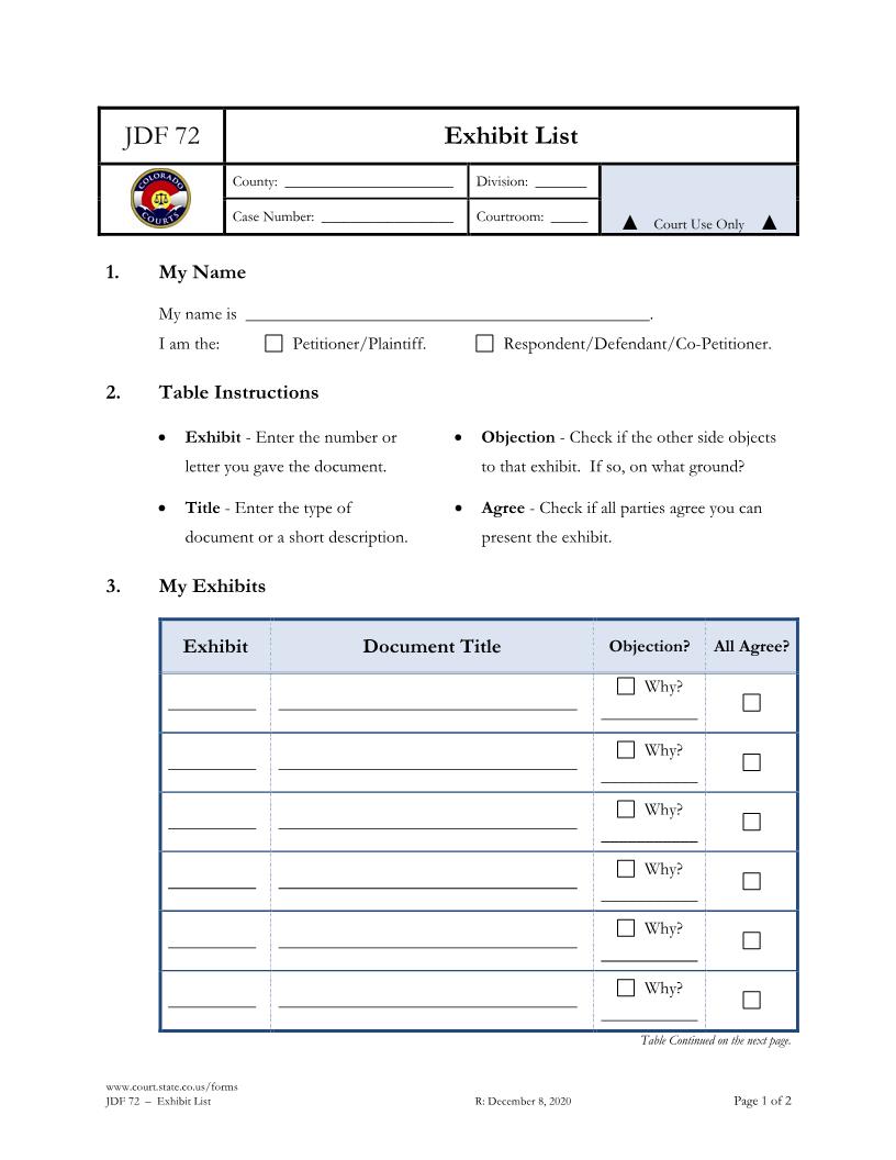Exhibit List {JDF 72} | Pdf Fpdf Docx | Colorado