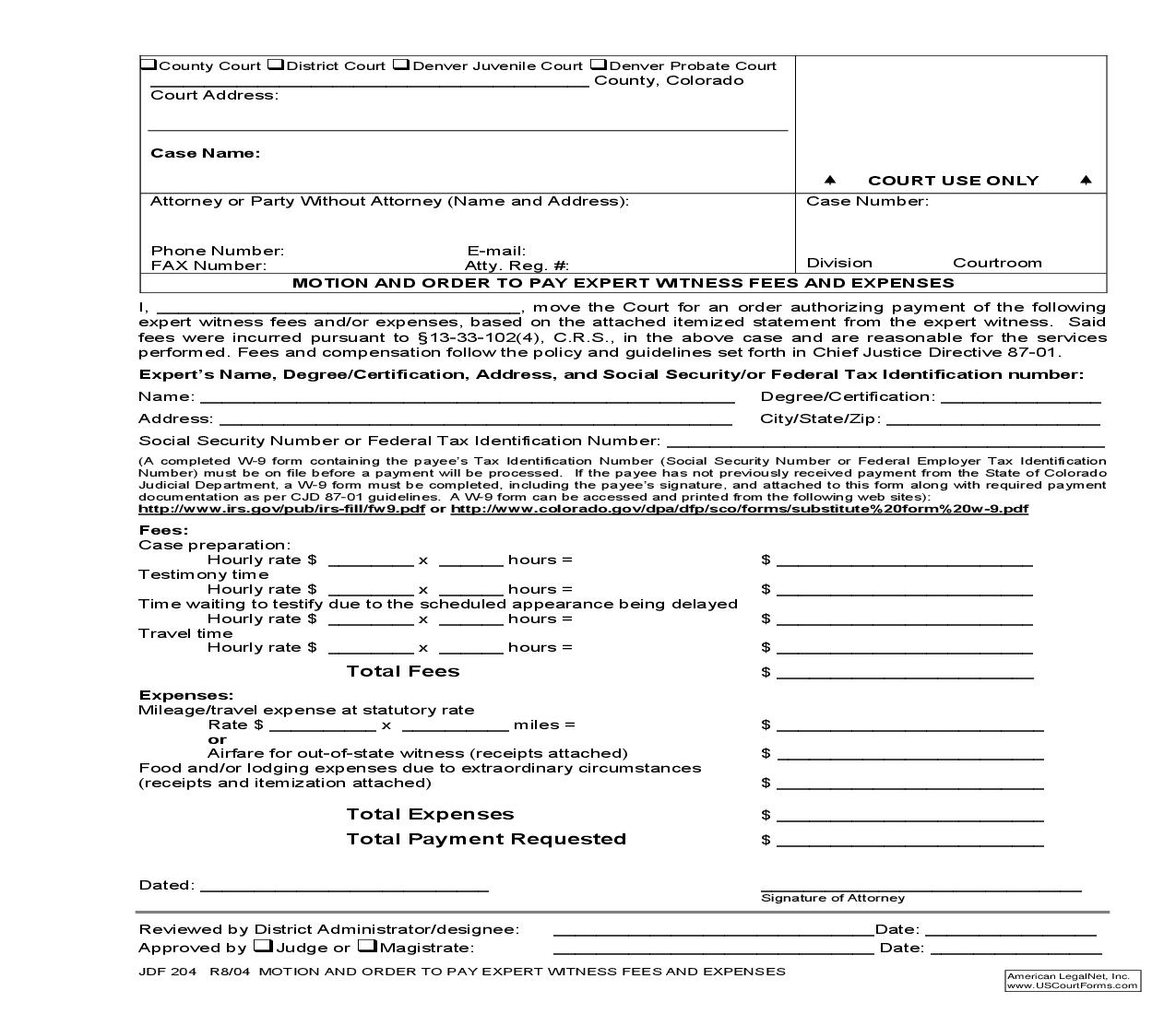 Motion And Order To Pay Expert Witness Fees And Expenses {JDF 204} | Pdf Fpdf Doc Docx | Colorado