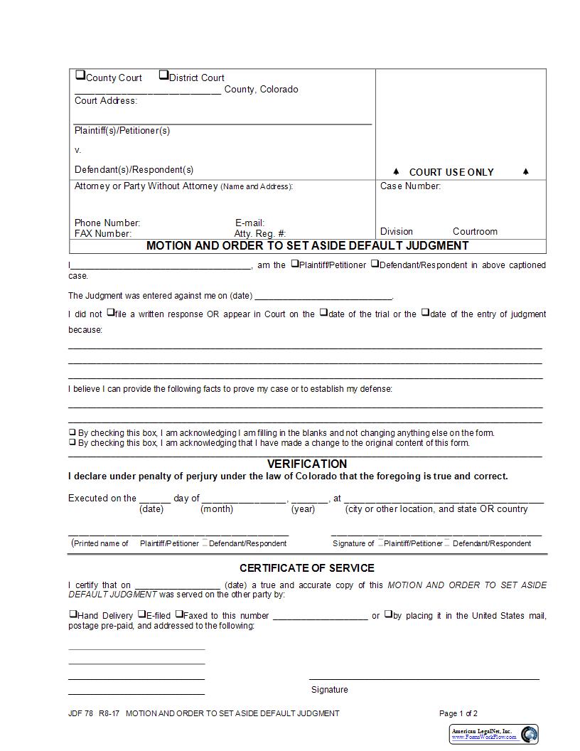 Motion And Order To Set Aside Default Judgment {JDF 78} | Pdf Fpdf Docx | Colorado