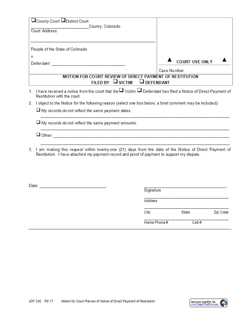 Motion For Court Review Of Direct Payment Of Restitution {JDF 240 } | Pdf Fpdf Docx | Colorado