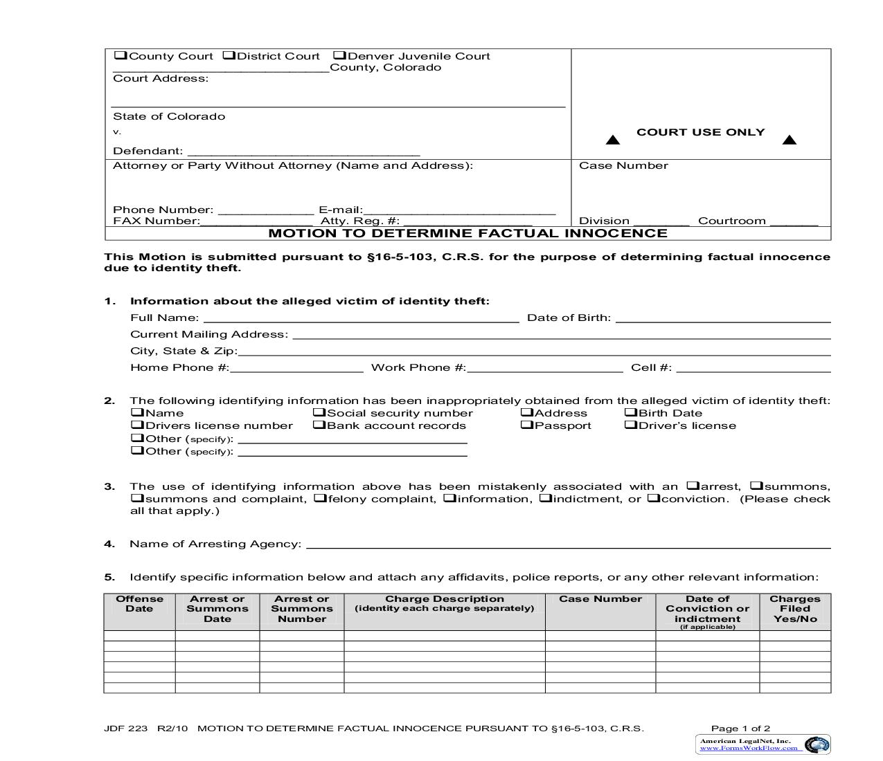 Motion To Determine Factual Innocence {JDF 223} | Pdf Fpdf Doc Docx | Colorado