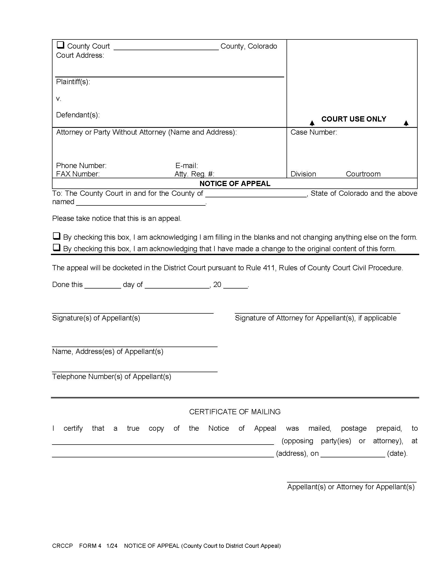 Notice Of Appeal {CRCCP 4} | Pdf Fpdf Docx | Colorado