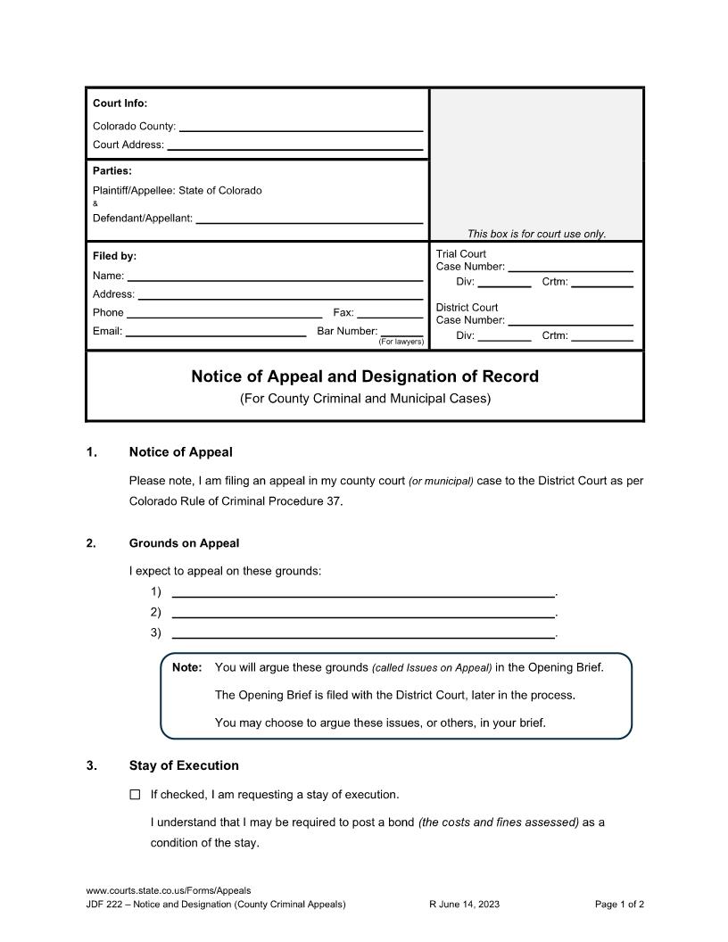 Notice Of Appeal And Designation Of Record - Criminal {JDF 222} | Pdf Fpdf Docx | Colorado