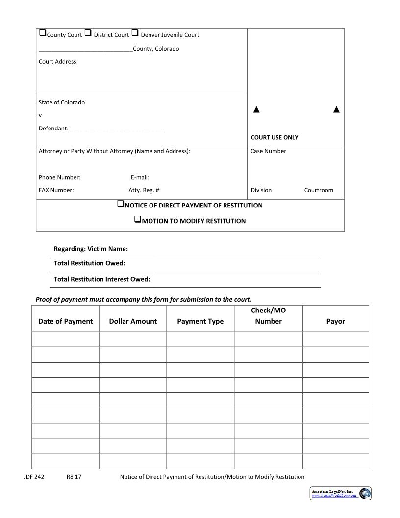Notice Of Direct Payment of Restitution Or Motion To Modify Restitution {JDF 242} | Pdf Fpdf Docx | Colorado
