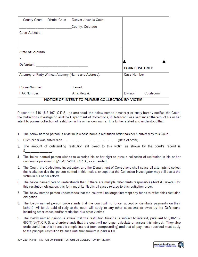 Notice Of Intent To Pursue Collection By Victim {JDF 229} | Pdf Fpdf Docx | Colorado