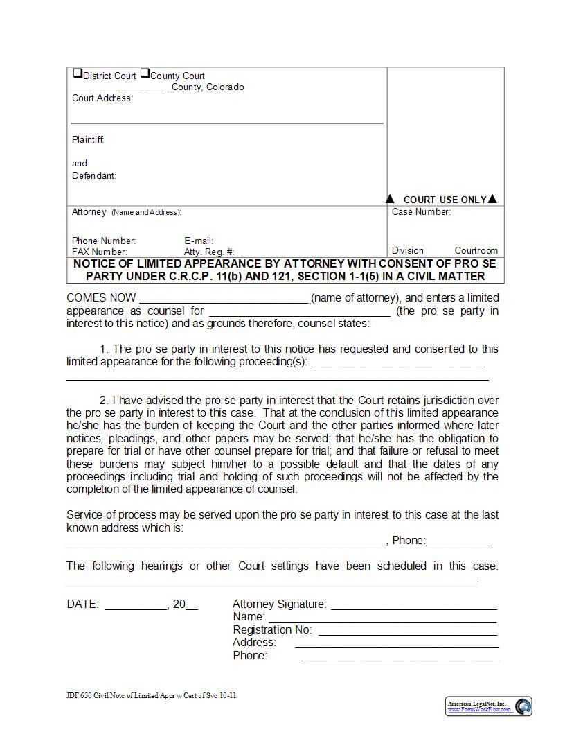 Notice Of Limited Appearance {JDF 630} | Pdf Fpdf Docx | Colorado