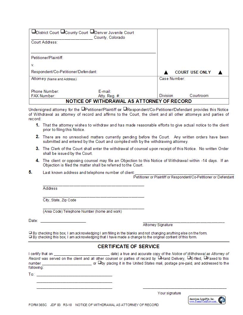 Notice Of Withdrawal As Attorney Of Record {JDF 83} | Pdf Fpdf Docx | Colorado