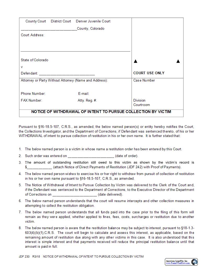 Notice Of Withdrawal Of Intent To Pursue Collection By Victim {JDF 230} | Pdf Fpdf Docx | Colorado