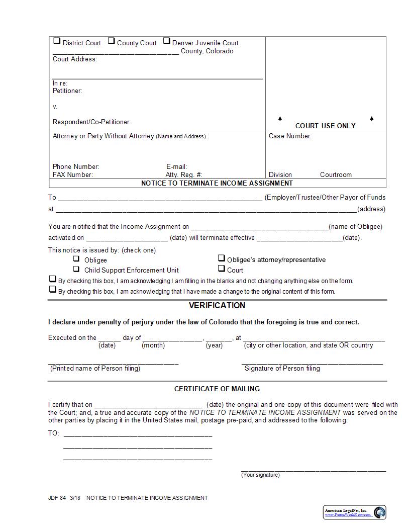 Notice To Terminate Income Assignment {JDF 84} | Pdf Fpdf Docx | Colorado