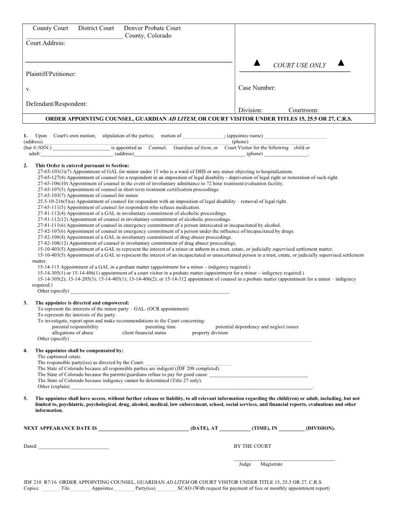 Order Appointing Counsel GAL Or Court Visitor {JDF 210} | Pdf Fpdf Docx | Colorado