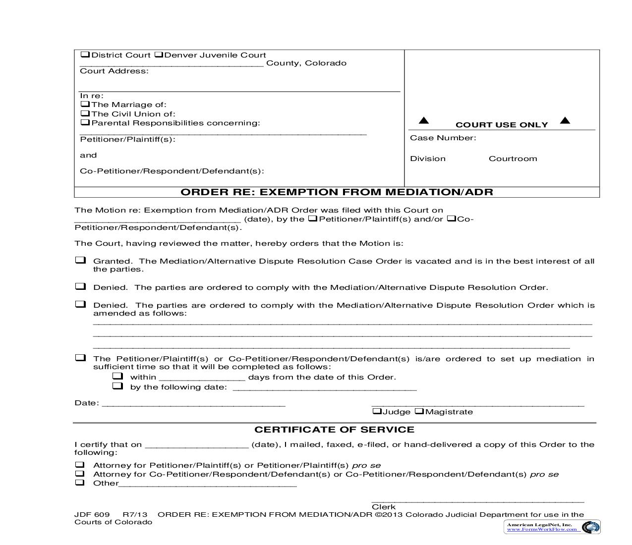 Order Re Exemption From Mediation Or ADR (Civil Case) {JDF 609} | Pdf Fpdf Doc Docx | Colorado