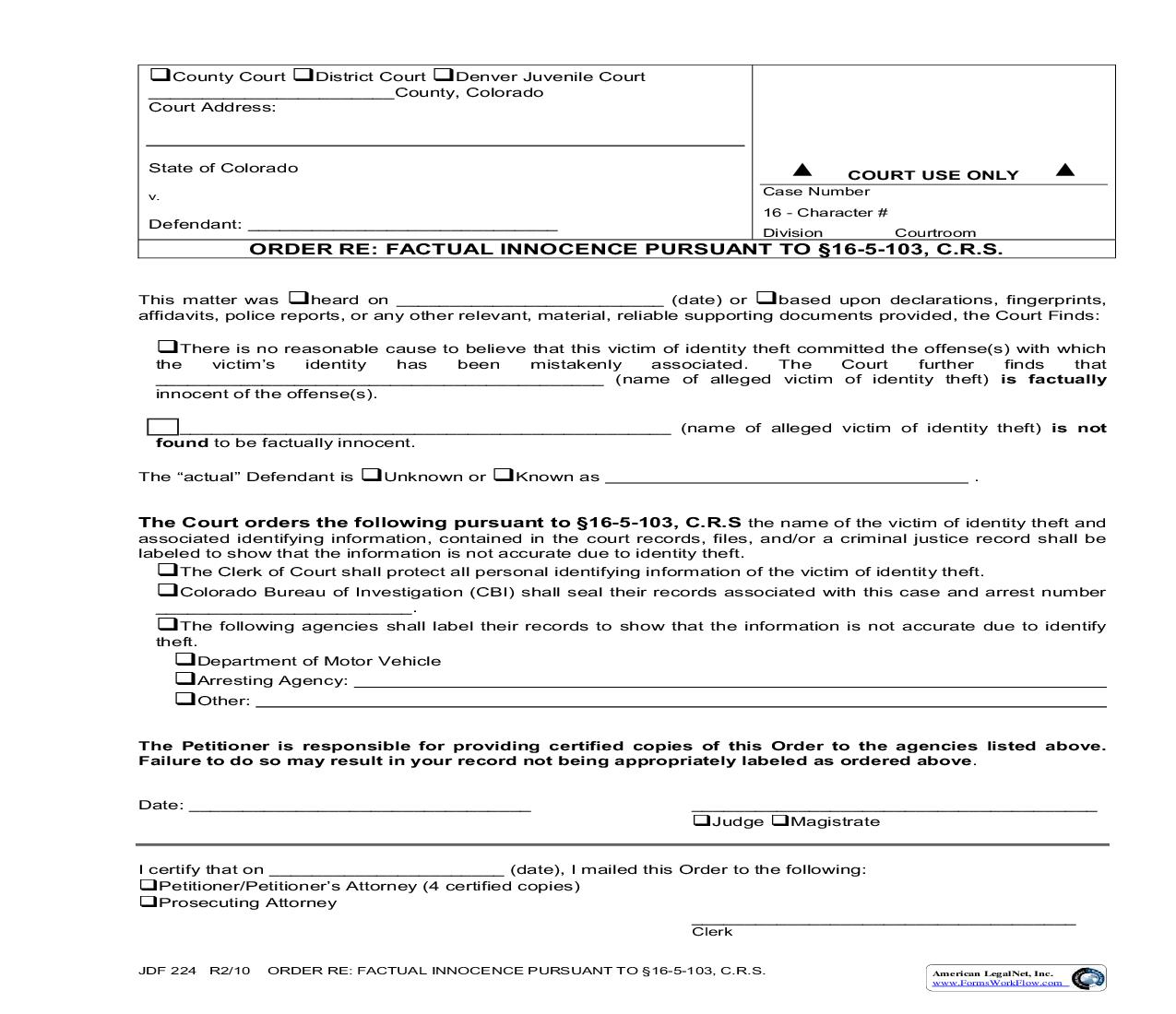 Order Re Factual Innocence Pursuant To Section 16-5-103 C.R.S. {JDF 224} | Pdf Fpdf Doc Docx | Colorado