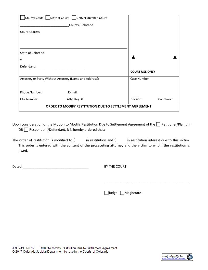 Order To Modify Restitution Due to Settlement Agreement {JDF 243} | Pdf Fpdf Docx | Colorado