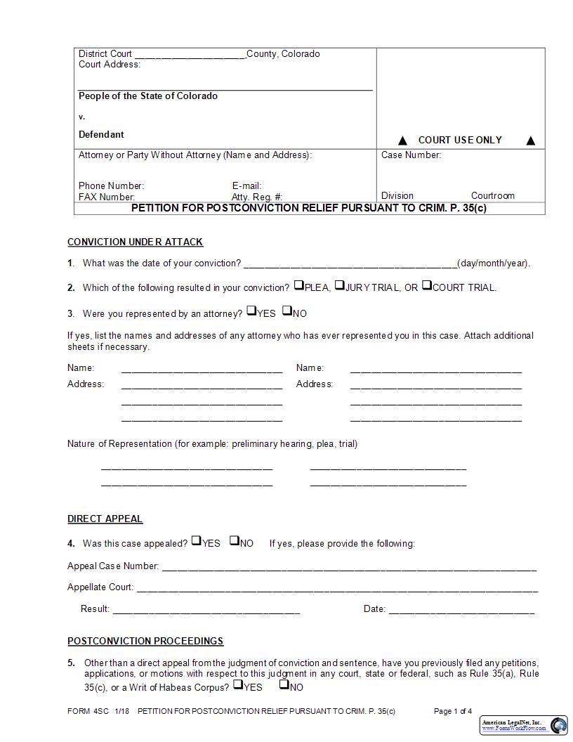Petition For Postconviction Relief Pursuant To Crim. P. 35(c) {4} | Pdf Fpdf Docx | Colorado