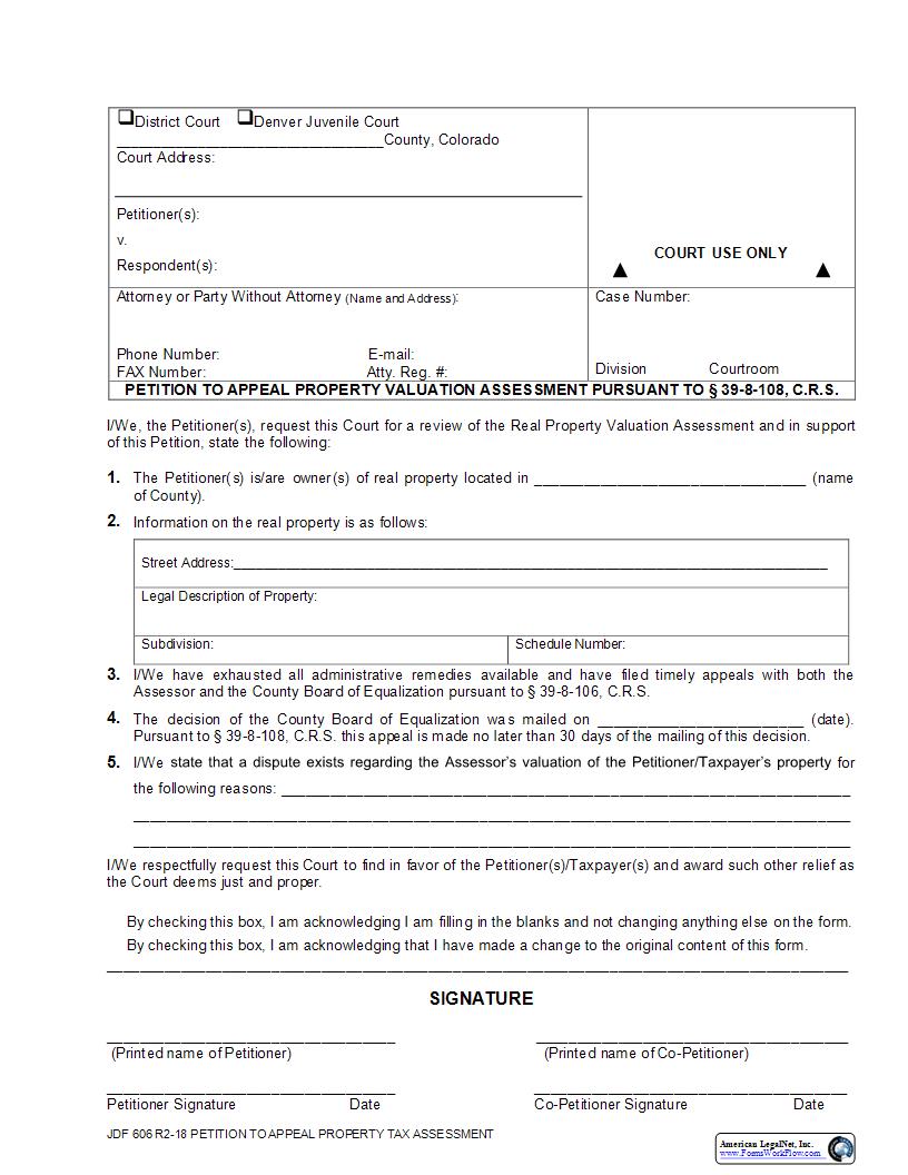 Petition To Appeal Property Valuation Asessment Pursuant To Section 39-8-108, C.R.S. {JDF 606} | Pdf Fpdf Docx | Colorado
