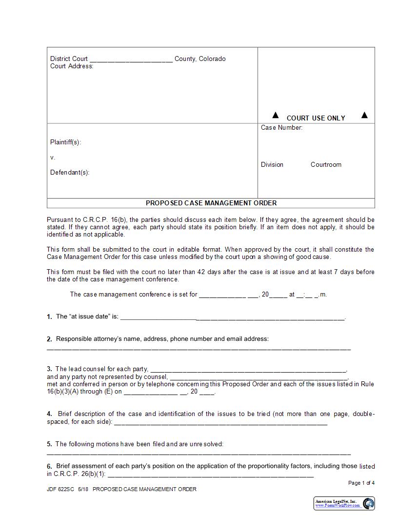 Proposed Case Management Order {JDF 622SC} | Pdf Fpdf Docx | Colorado