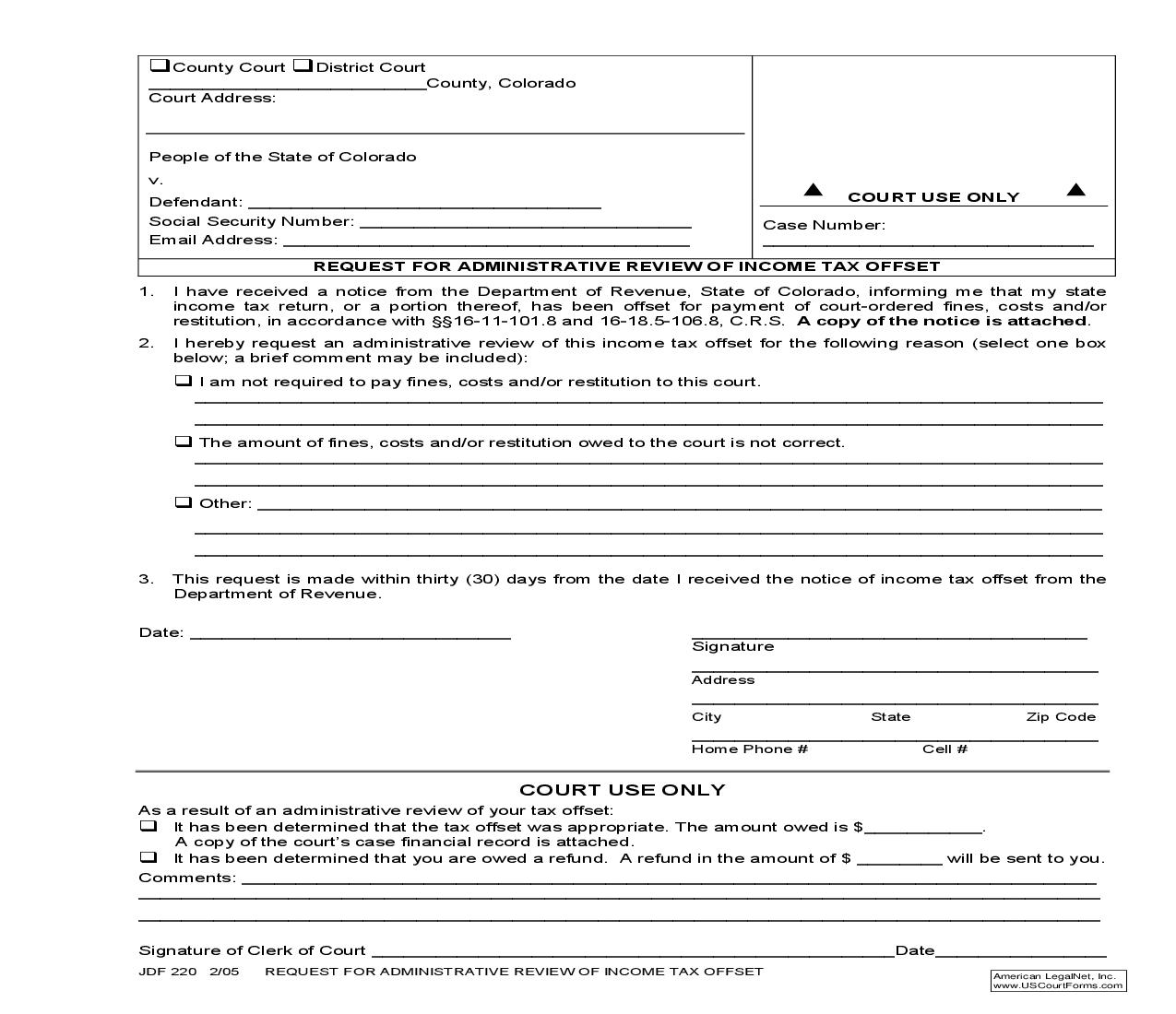 Request For Administrative Review Of Income Tax Offset {JDF 220} | Pdf Fpdf Doc Docx | Colorado