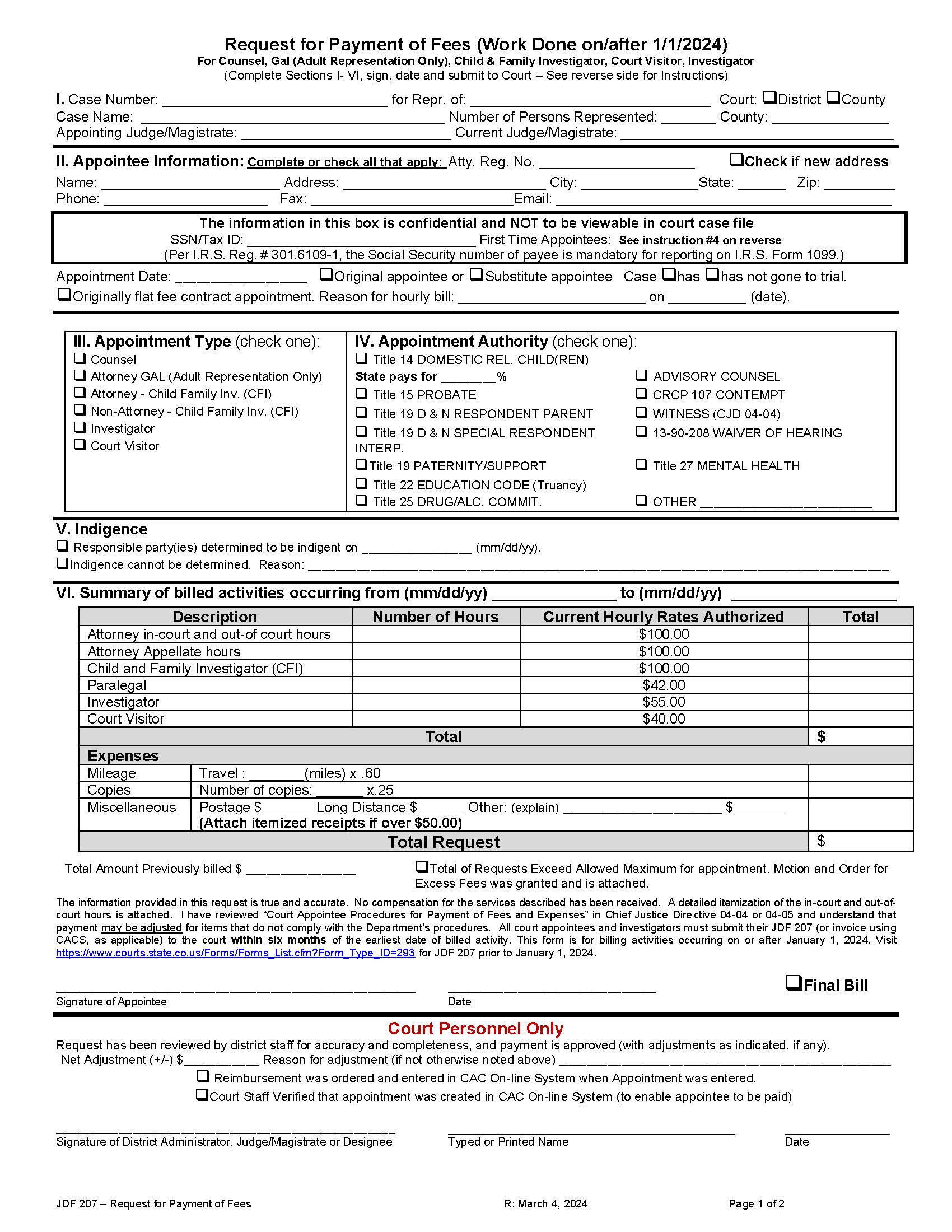 Request For Payment Of Fees {JDF 207} | Pdf Fpdf Docx | Colorado