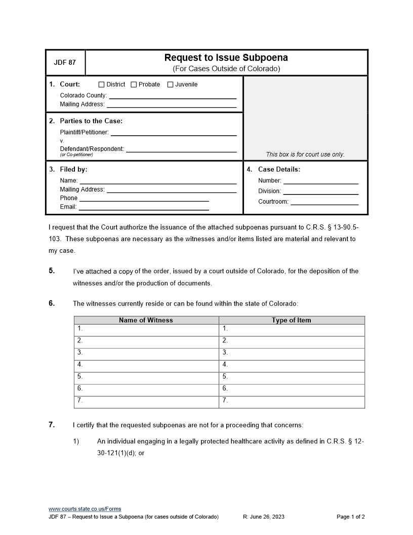 Request To Issue Subpoena {JDF 87} | Pdf Fpdf Docx | Colorado
