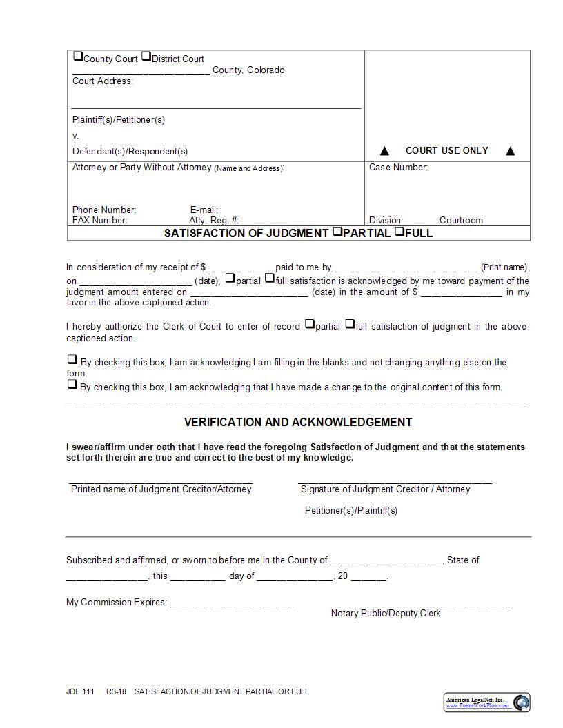 Satisfaction Of Judgment Partial Or Full {JDF 111} | Pdf Fpdf Docx | Colorado