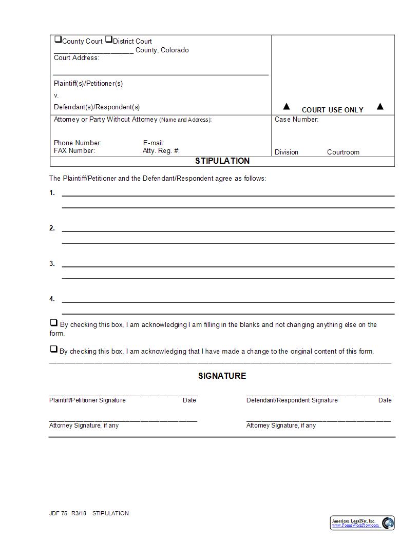 Stipulation {JDF 75} | Pdf Fpdf Docx | Colorado