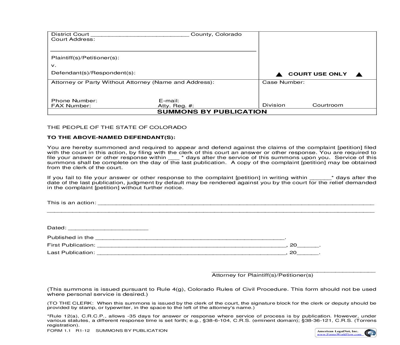 Summons By Publication {1.1} | Pdf Fpdf Doc Docx | Colorado