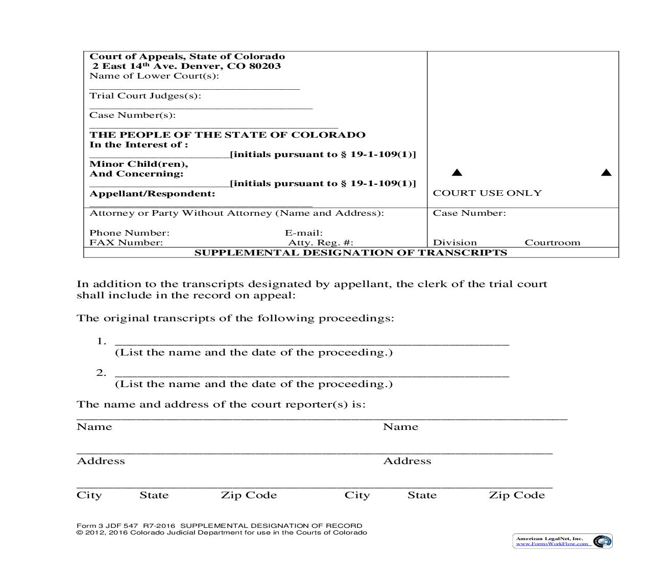 Supplemental Designation Of Record {JDF 547} | Pdf Fpdf Doc Docx | Colorado