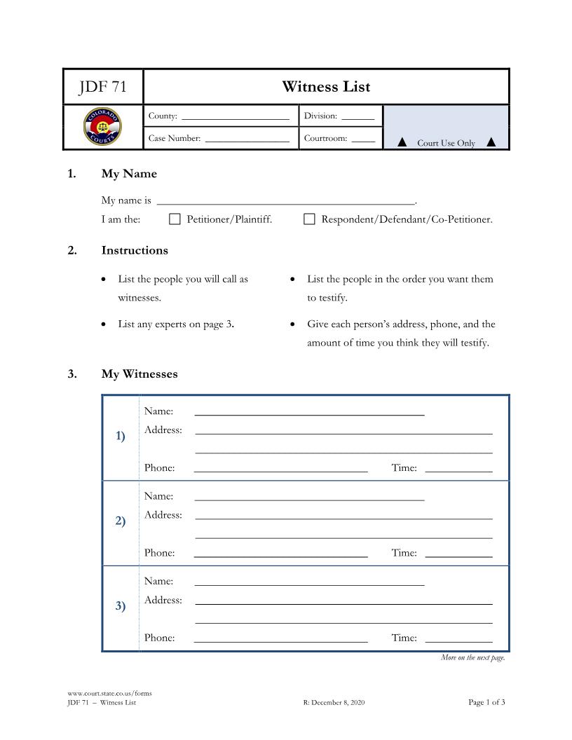 Witness List {JDF 71} | Pdf Fpdf Docx | Colorado