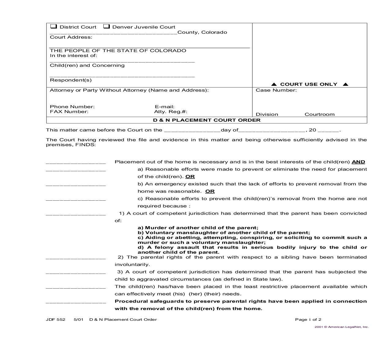 D And N Placement Court Order {JDF 552} | Pdf Fpdf Doc Docx | Colorado