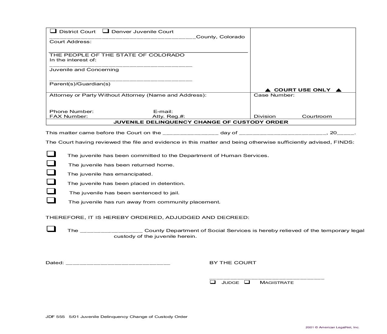 Juvenile Delinquency Change Of Custody Order {JDF 555} | Pdf Fpdf Doc Docx | Colorado