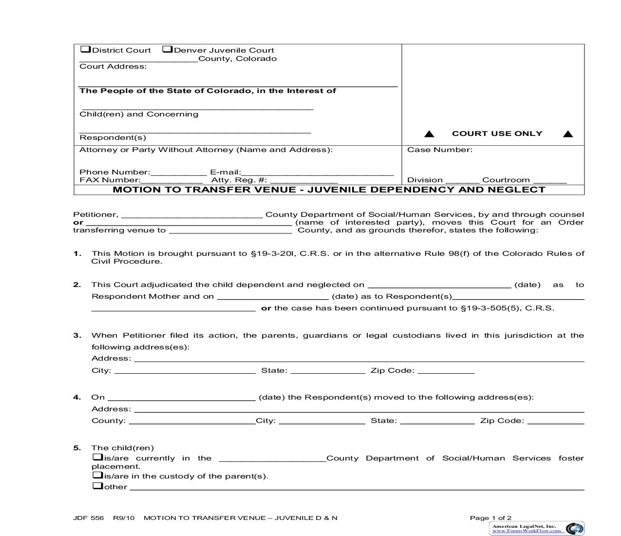Motion To Transfer Venue - Juvenile Dependency And Neglect {JDF 556} | Pdf Fpdf Doc Docx | Colorado
