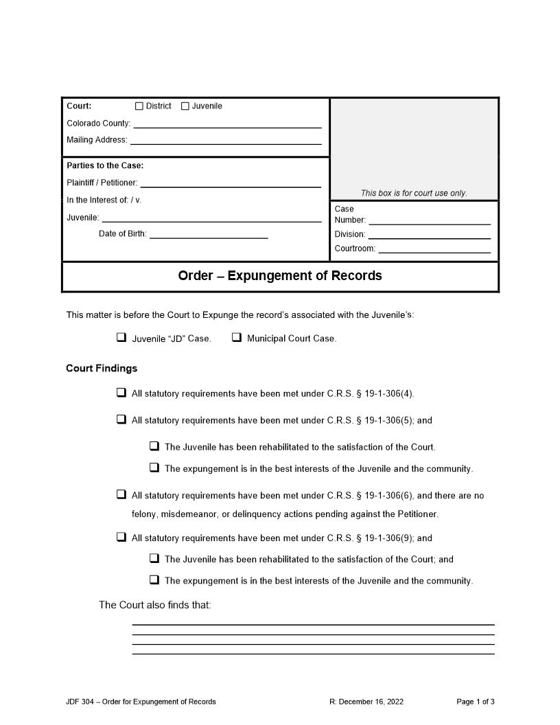 Order Of Expungement Of Records Juvenile Municipal {JDF 304} | Pdf Fpdf Docx | Colorado