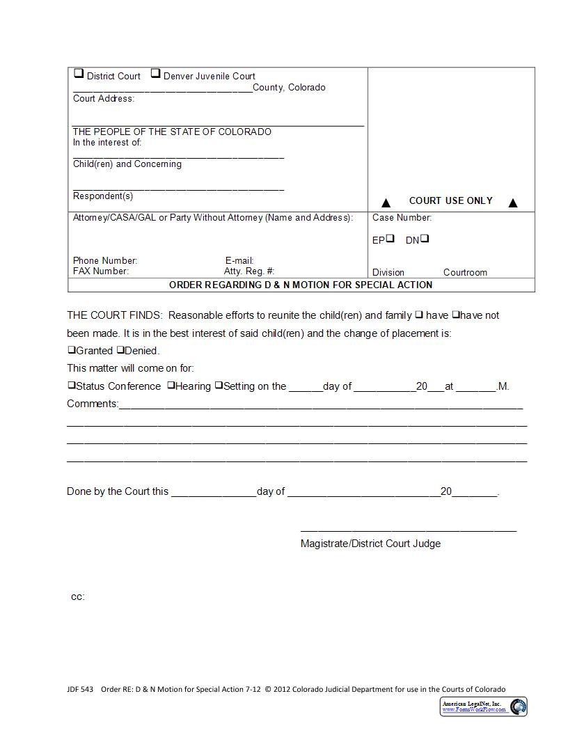 Order RE Motion Or Report For Special Action {JDF 543} | Pdf Fpdf Docx | Colorado