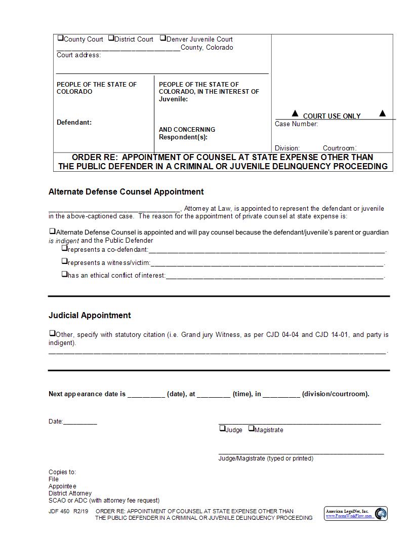 Order Re Appointment Of Counsel At State Expense {JDF 450} | Pdf Fpdf Docx | Colorado