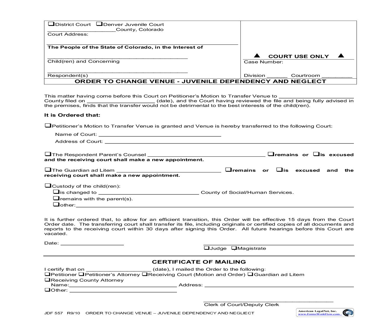 Order To Change Venue - Juvenile Dependency And Neglect {JDF 557} | Pdf Fpdf Doc Docx | Colorado