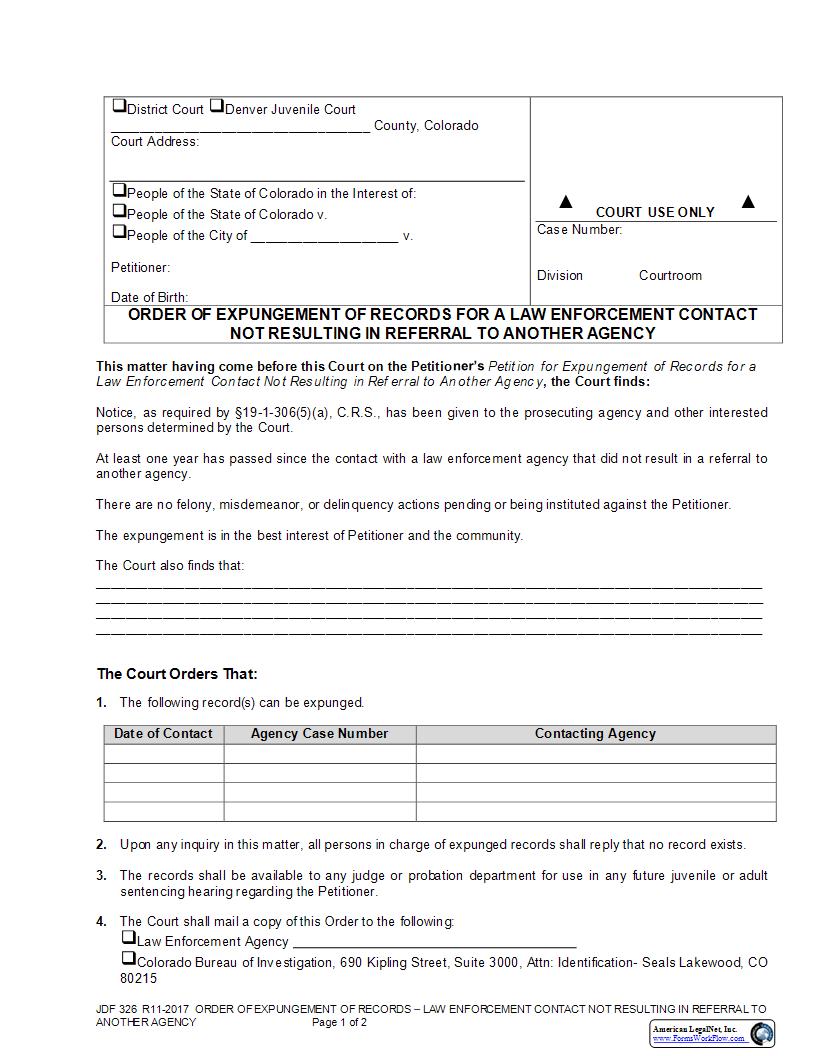 Order of Expungement With No Referral To Other Agency {JDF 326}  | Pdf Fpdf Docx | Colorado