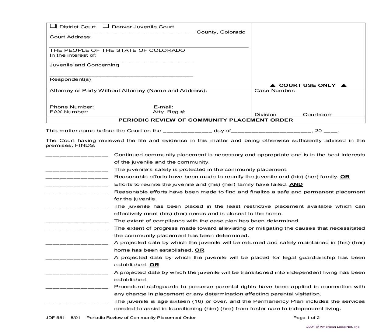Periodic Review Of Community Placement Order {JDF 551} | Pdf Fpdf Doc Docx | Colorado