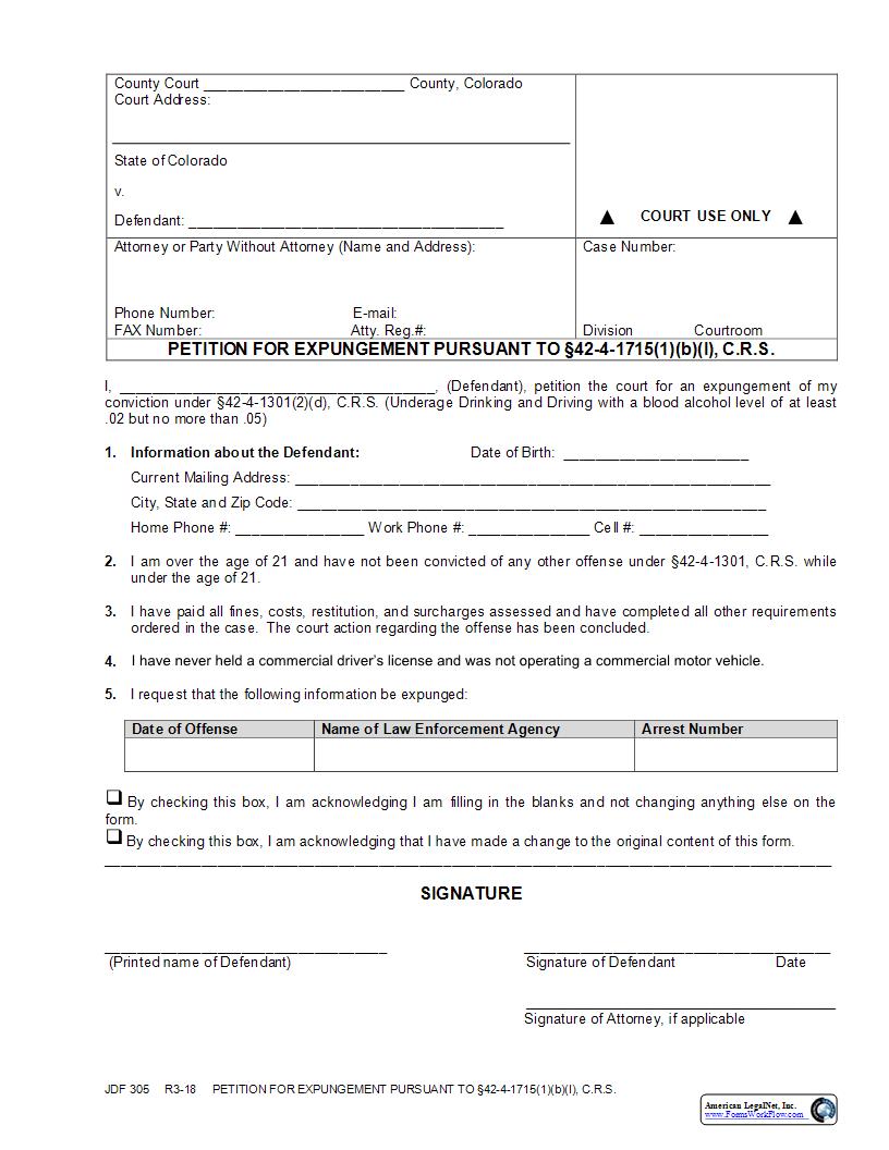 Petition For Expungement Pursuant To Section 42-4-1715(1)(b)(l) C.R.S. {JDF 305} | Pdf Fpdf Docx | Colorado