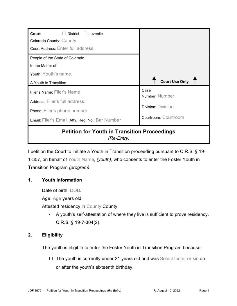 Petition For Youth In Transition (Re-entry) {JDF 1672} | Pdf Fpdf Docx | Colorado