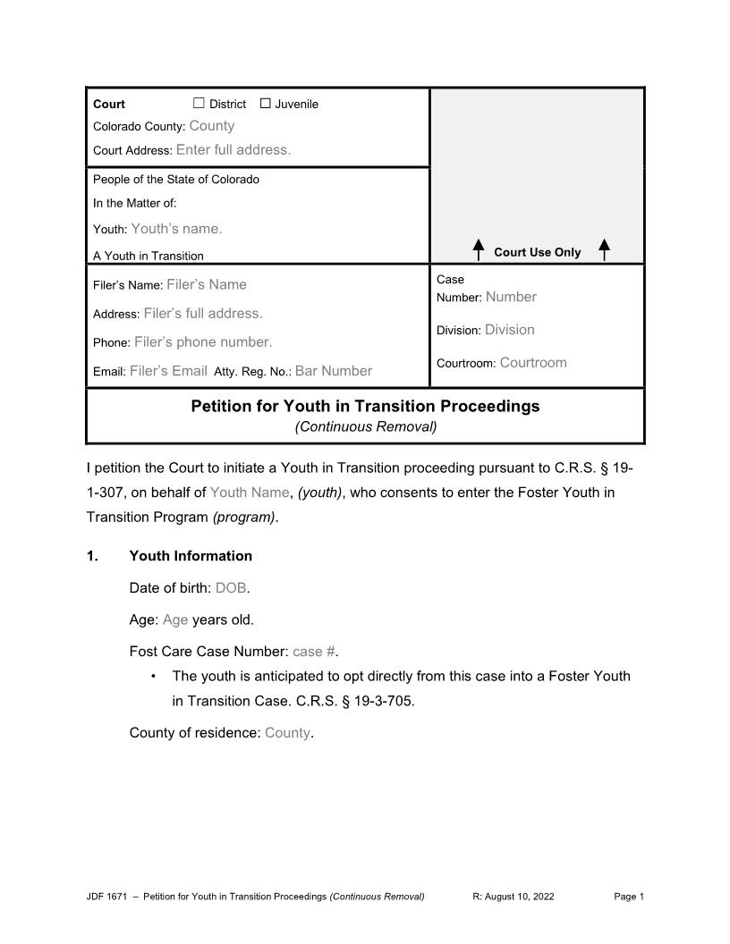 Petition For Youth In Transition Proceedings (Continuous Removal) {JDF 1671} | Pdf Fpdf Docx | Colorado