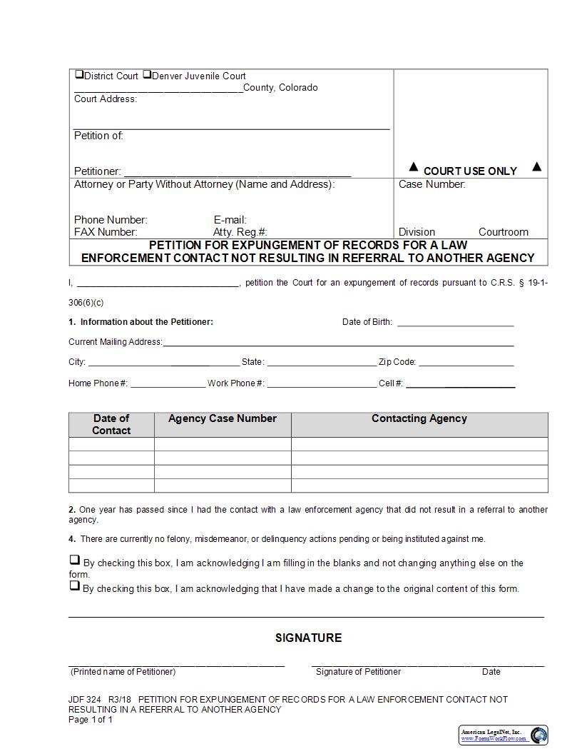 Petition for Expungement With No Referral To Another Agency {JDF 324} | Pdf Fpdf Docx | Colorado