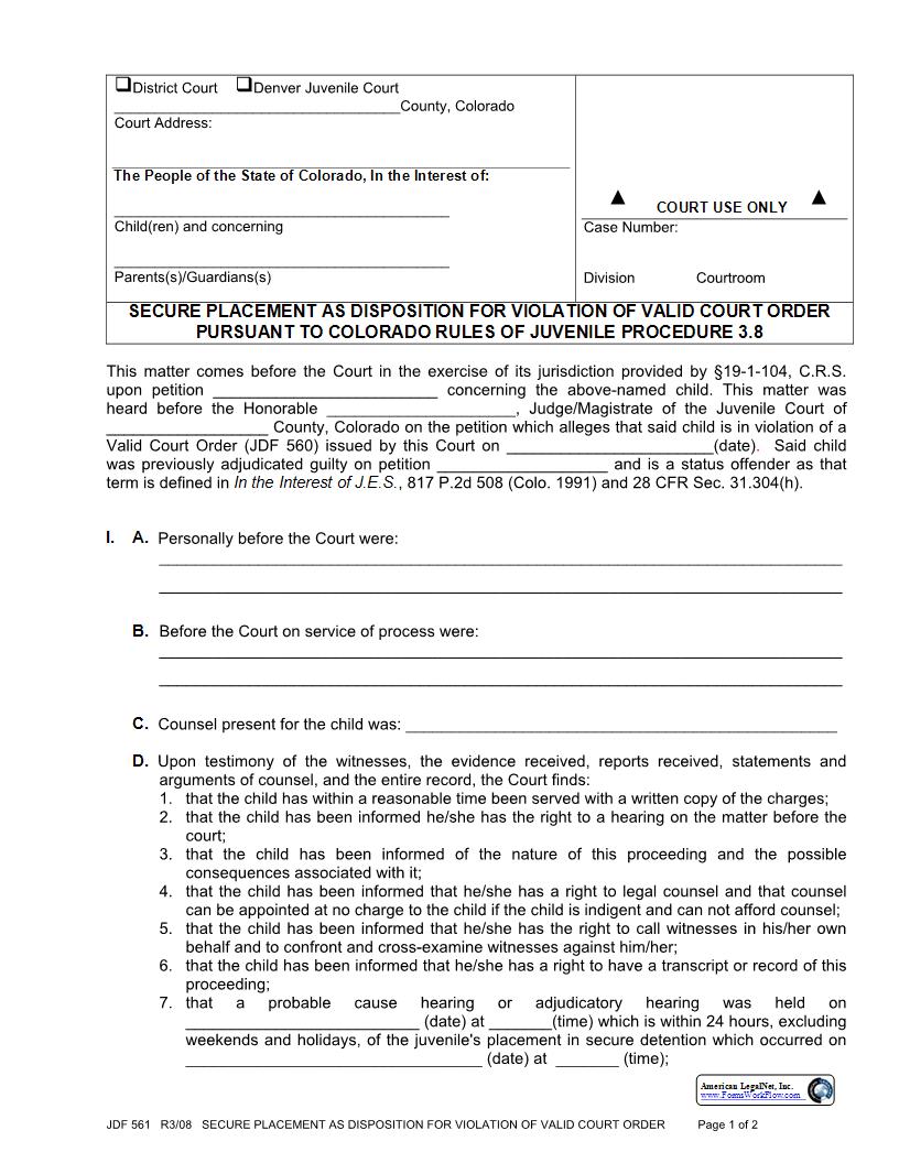 Secure Placement For Violation {JDF 561} | Pdf Fpdf Docx | Colorado