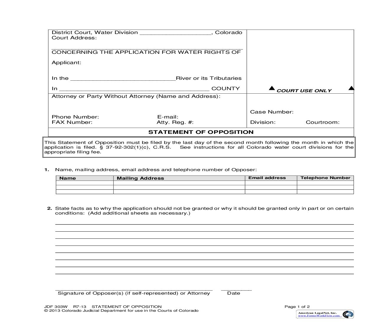 Statement Of Opposition {JDF 303W} |  | Colorado