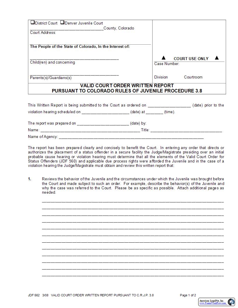 Valid Court Order Written Report {JDF 562} | Pdf Fpdf Docx | Colorado