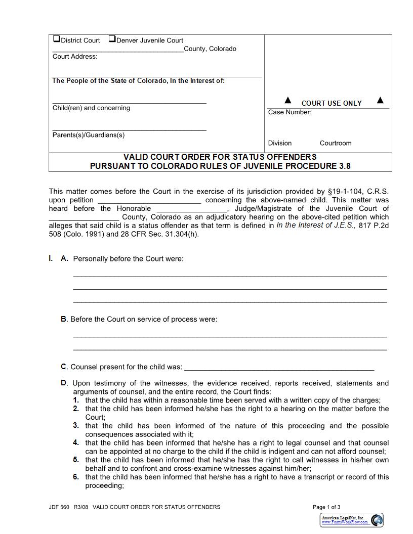 Valid Order For Status Offenders {JDF 560}  | Pdf Fpdf Docx | Colorado